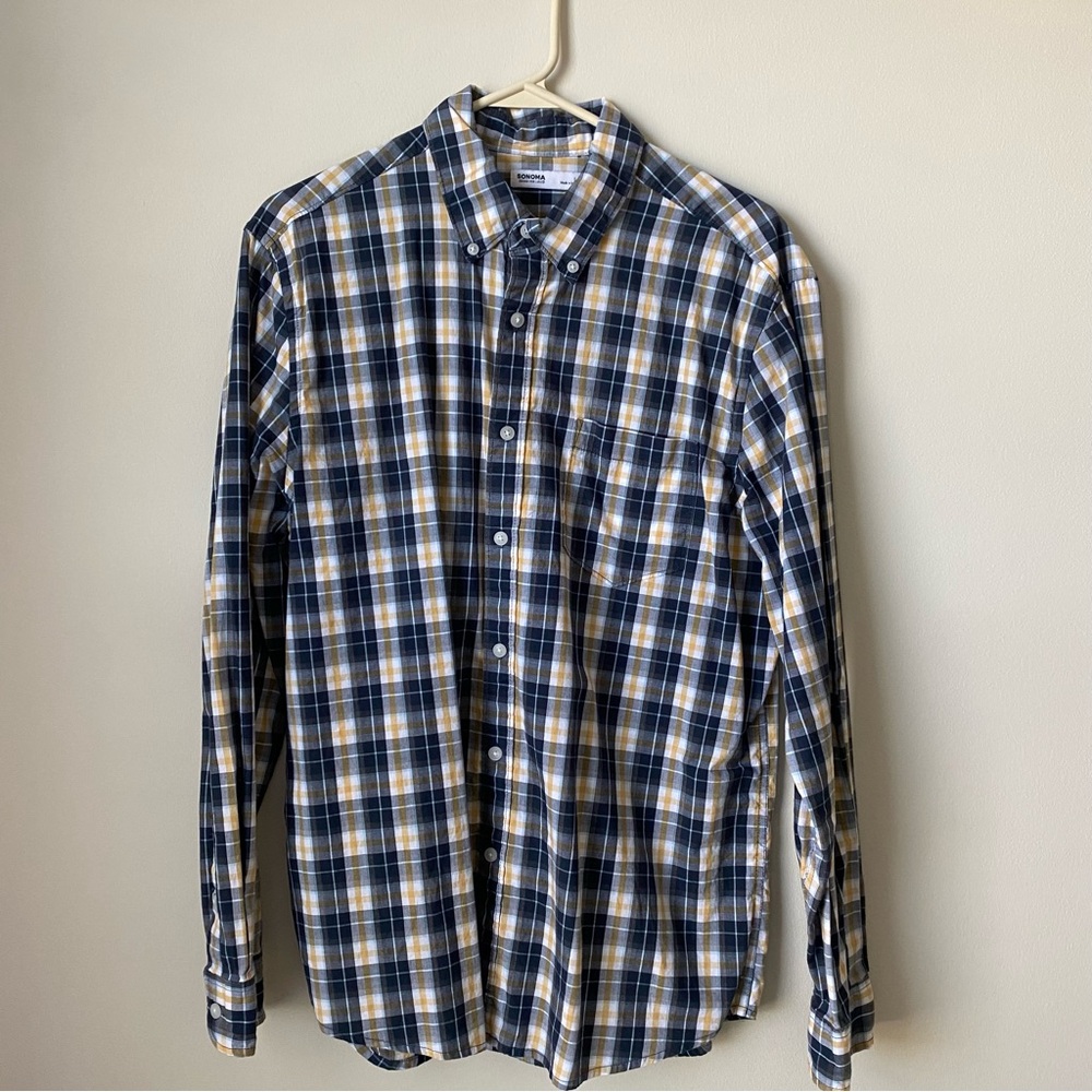 Sonoma Navy and Yellow Plaid Button Down Shirt Size Large